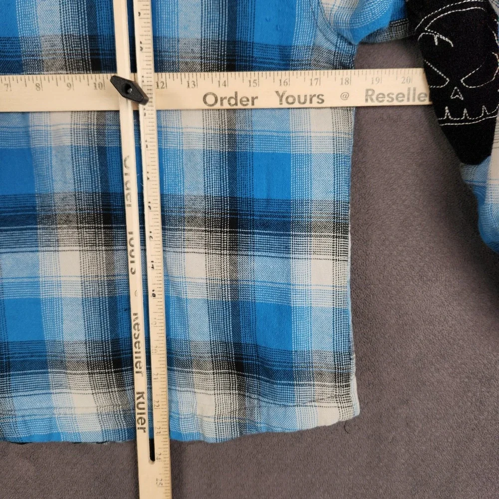 Vintage No Fear Hooded Flannel Shirt Jacket Boys Medium Plaid Skull Elbow Patch